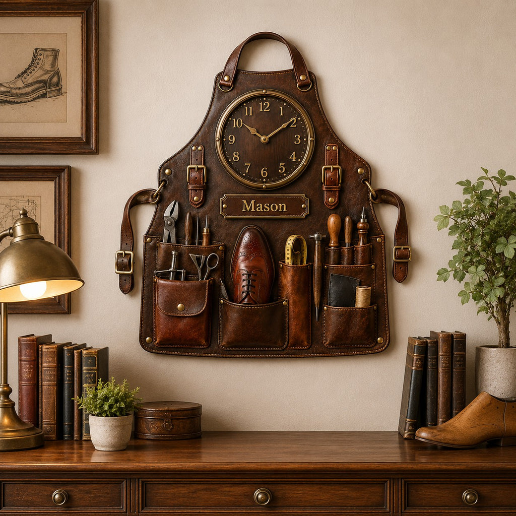 Shoemaker apron Custom Name Wall Clock — personalized with a custom name