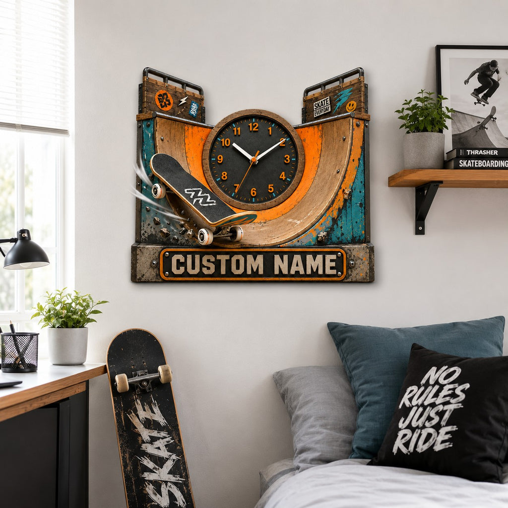 Skatepark Custom Name Wall Clock — personalized with a custom name