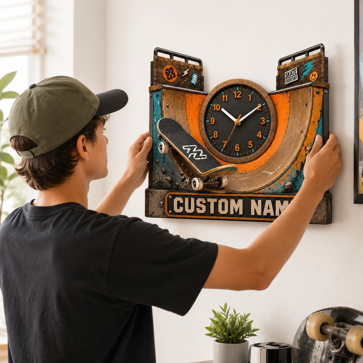 Skatepark Custom Name Wall Clock — personalized with a custom name