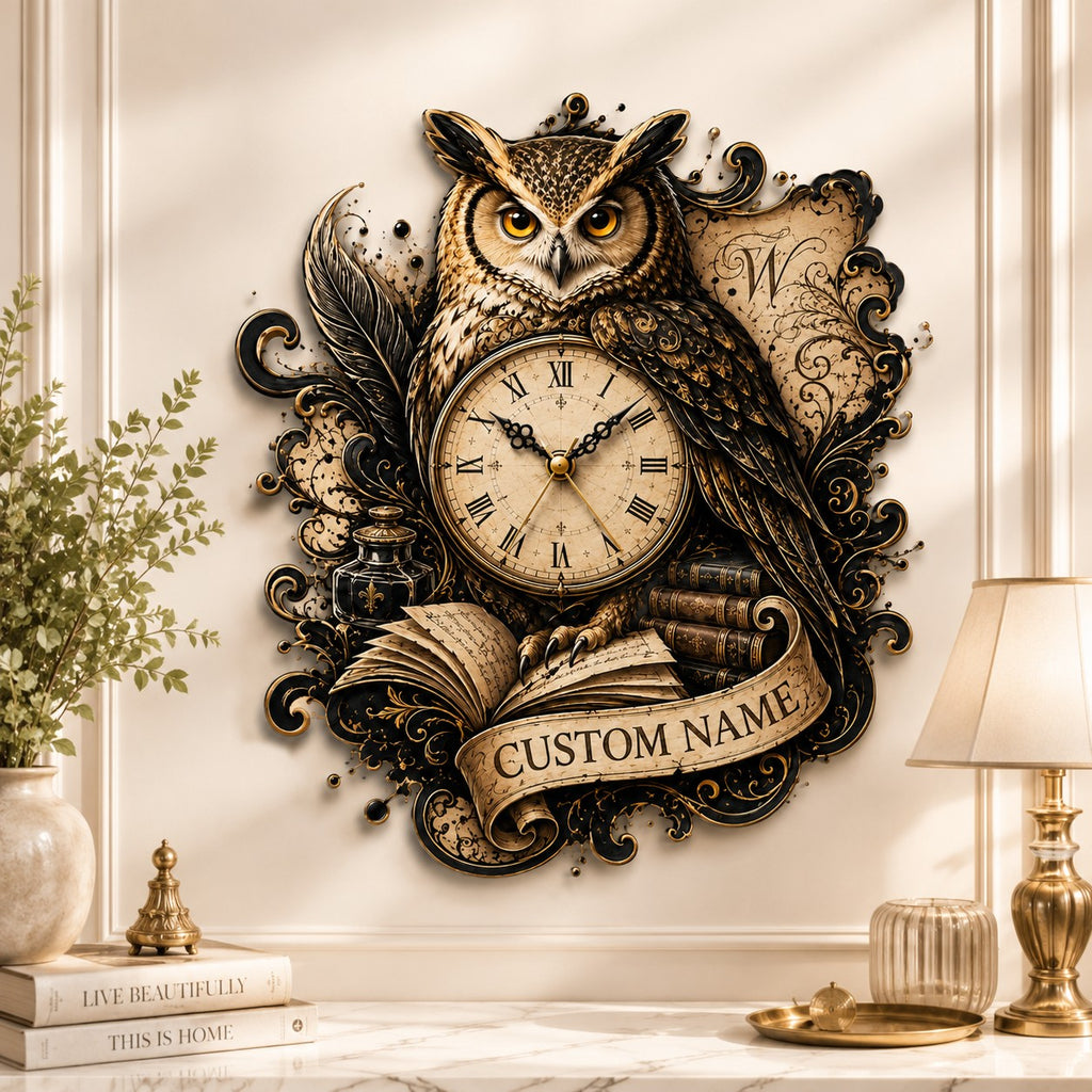 Owl Custom Name Wall Clock — personalized with a custom name