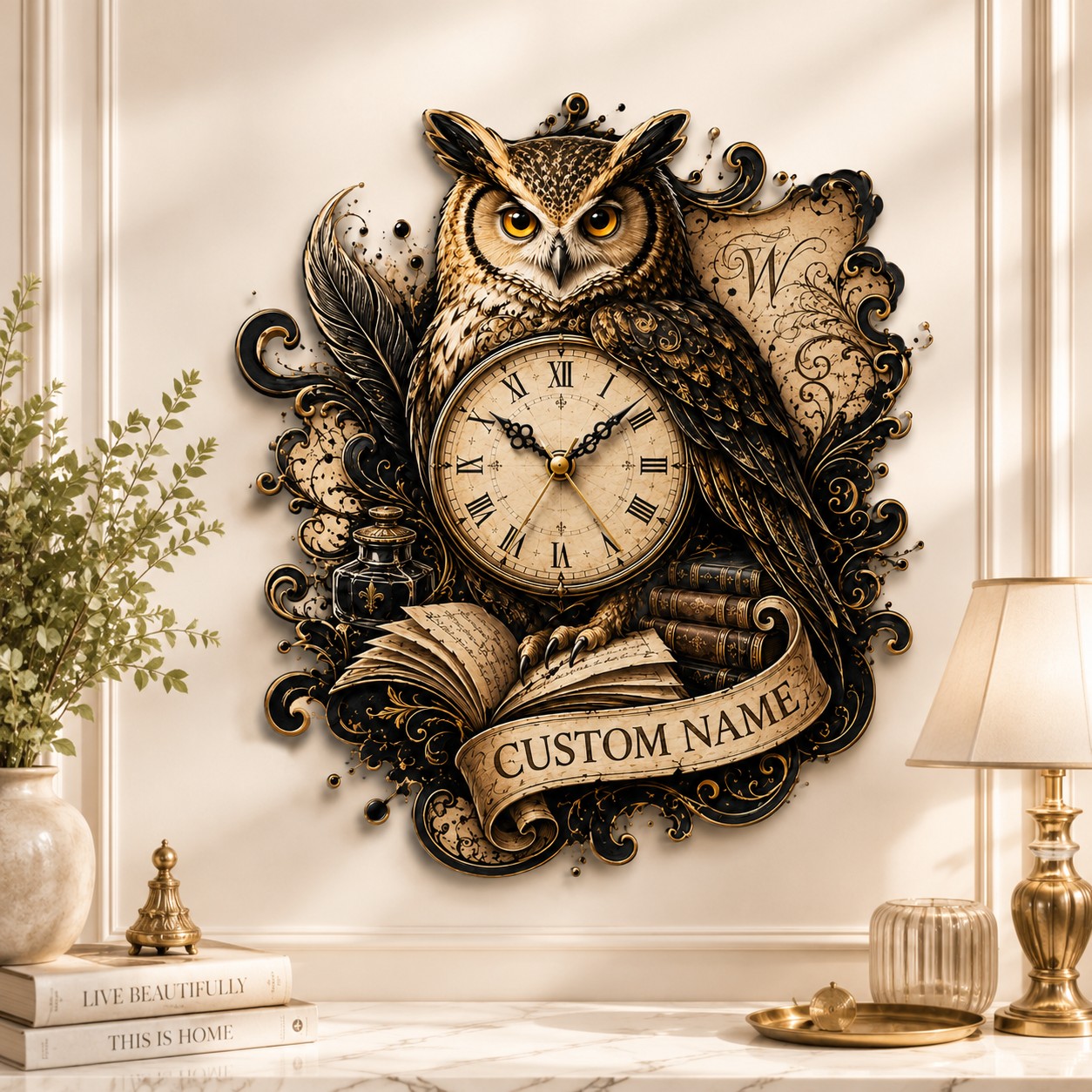 Owl Custom Name Wall Clock — personalized with a custom name