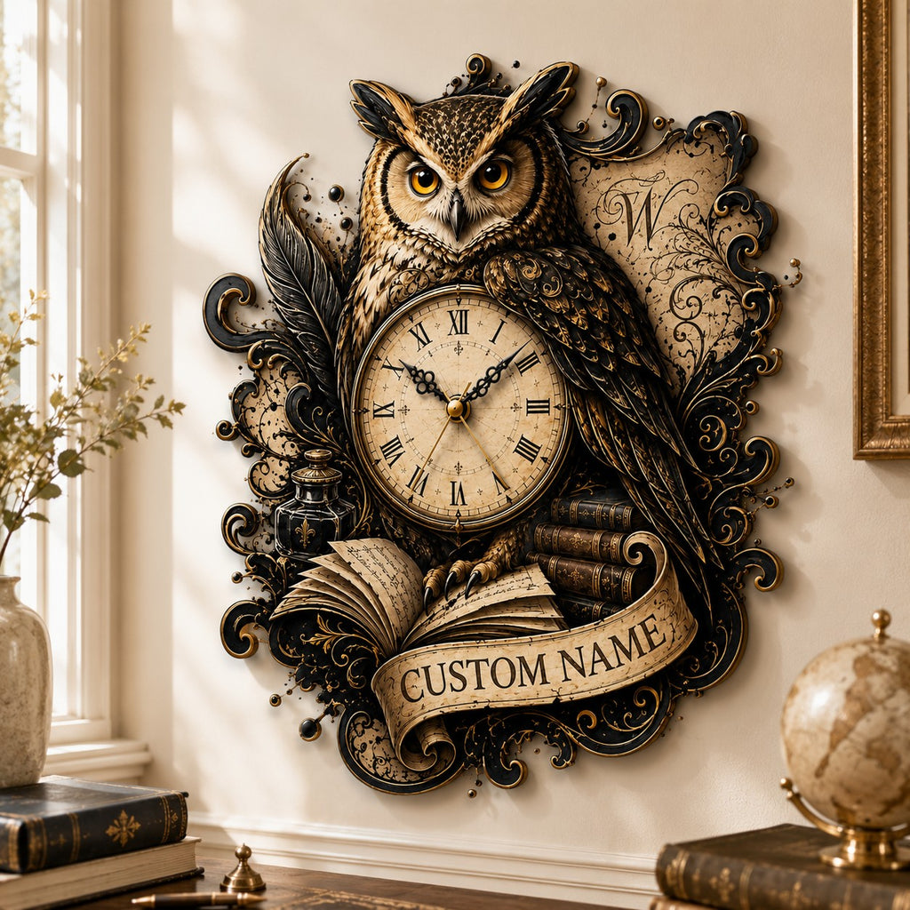 Owl Custom Name Wall Clock — personalized with a custom name