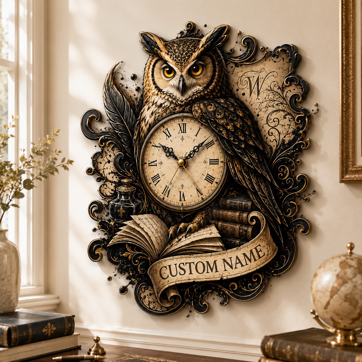 Owl Custom Name Wall Clock — personalized with a custom name