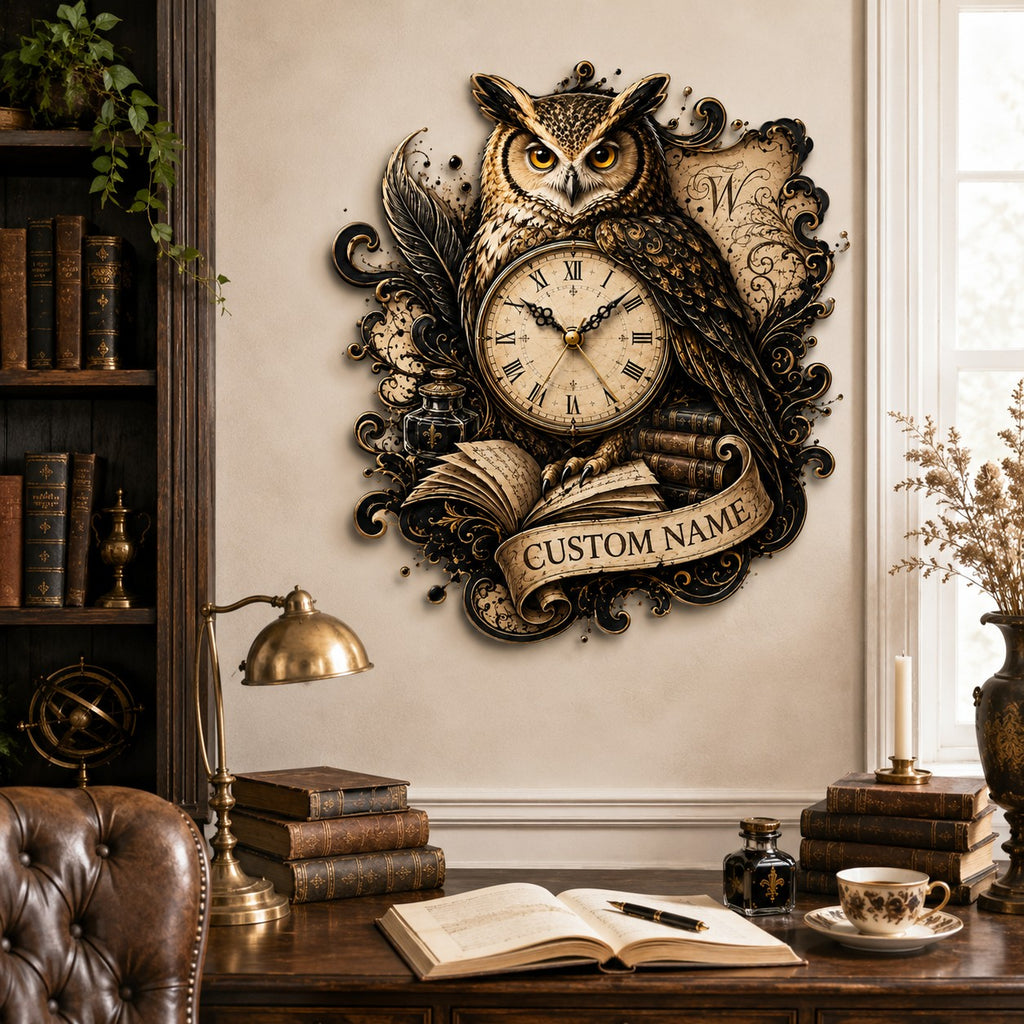 Owl Custom Name Wall Clock — personalized with a custom name