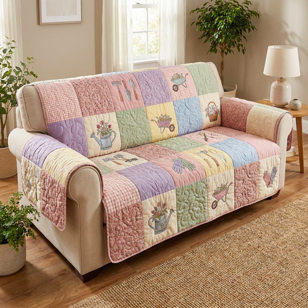 Baskets and Flowers on Pastel Patches Sofa Cover