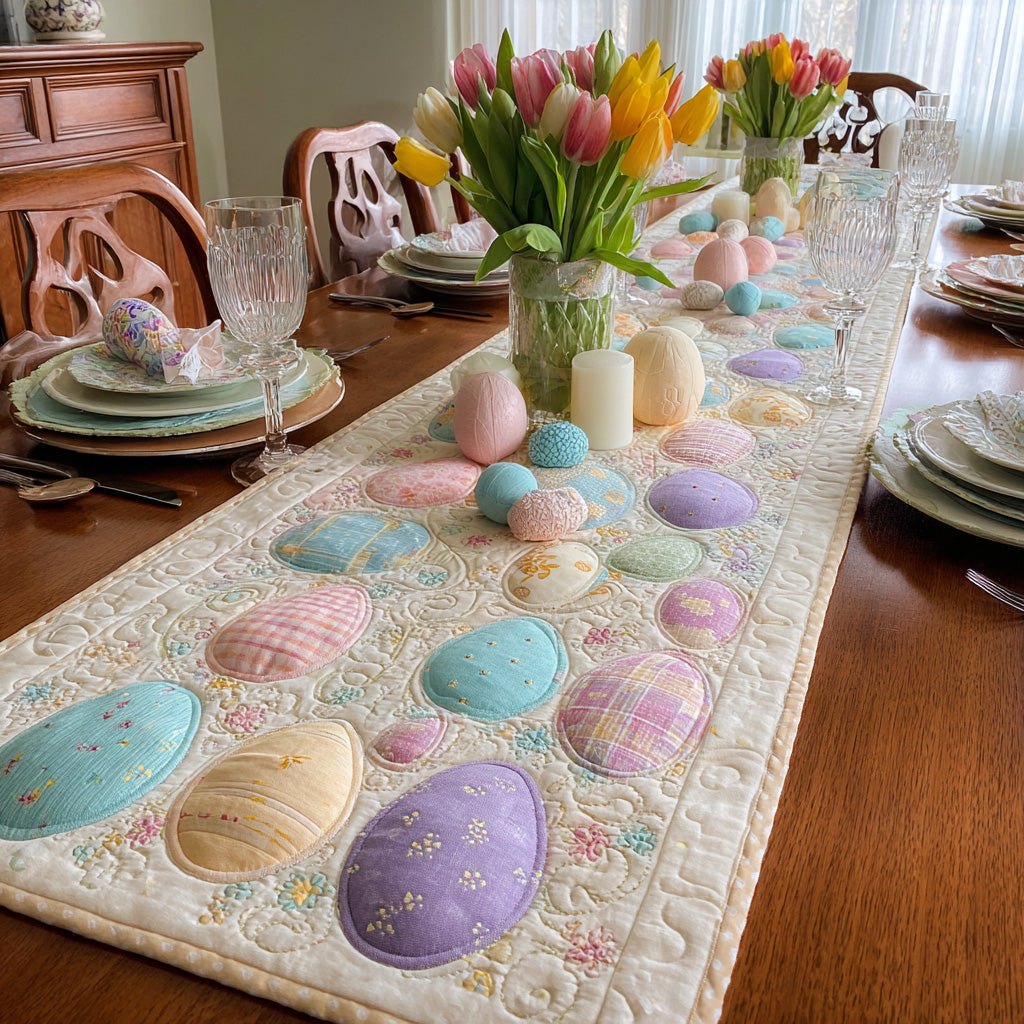 Pastel Eggs on White Quilting Table Runner