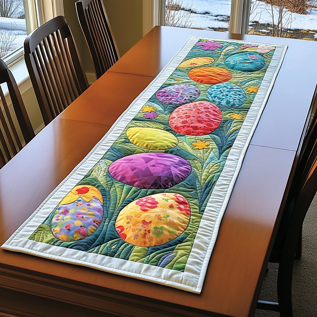 Colorful Eggs with Green Leaves Table Runner