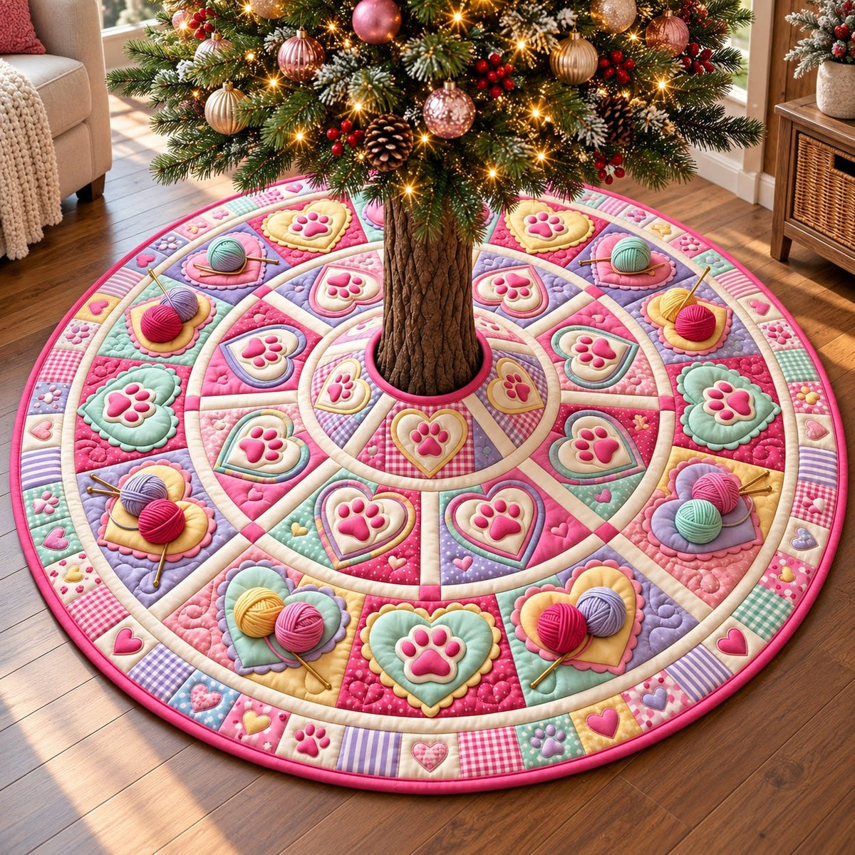 Pastel Yarn Paws Christmas Tree Skirt
