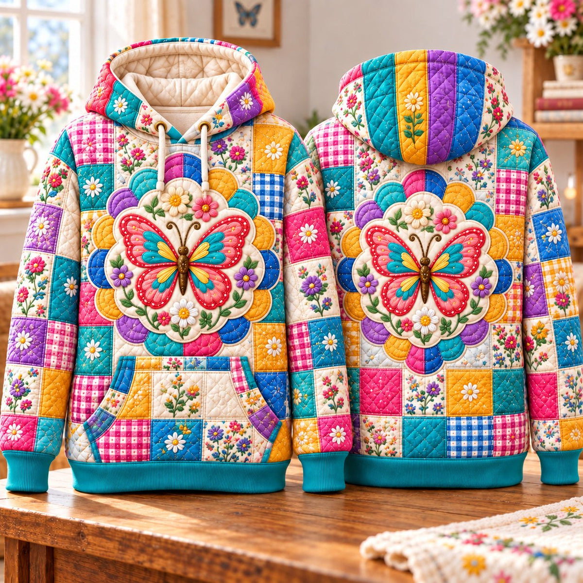 Patchwork Butterfly Meadow hoodie, all-over print
