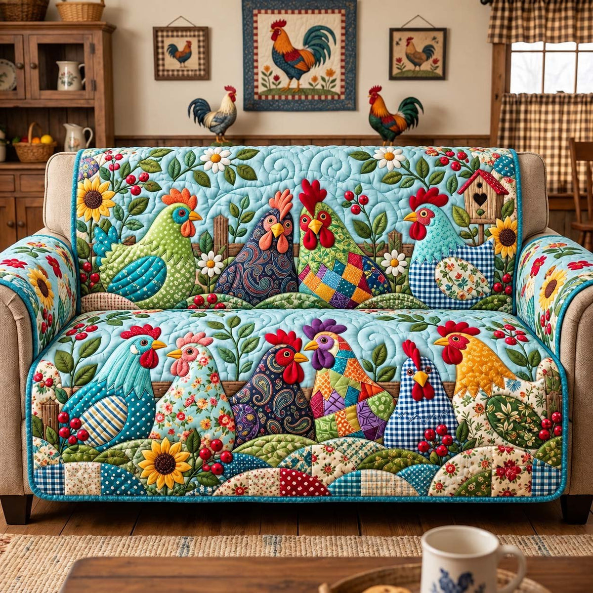 Patchwork Hen Gathering Sofa Cover