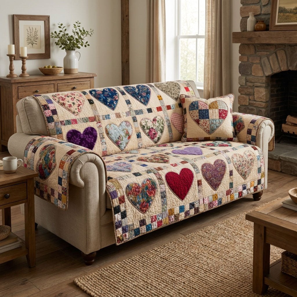 Hearts on Cream Patchwork Squares Sofa Cover