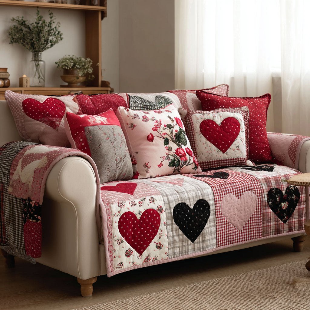 Hearts on Pink and Red Patchwork Sofa Cover