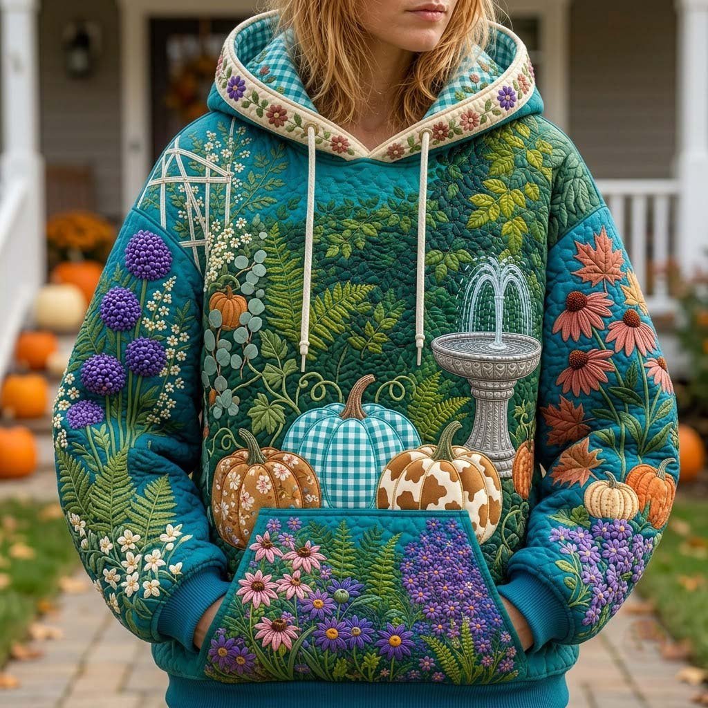 Teal Garden Pumpkins with a Fountain hoodie, all-over print