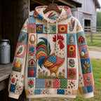 Patchwork Rooster Farm hoodie, all-over print