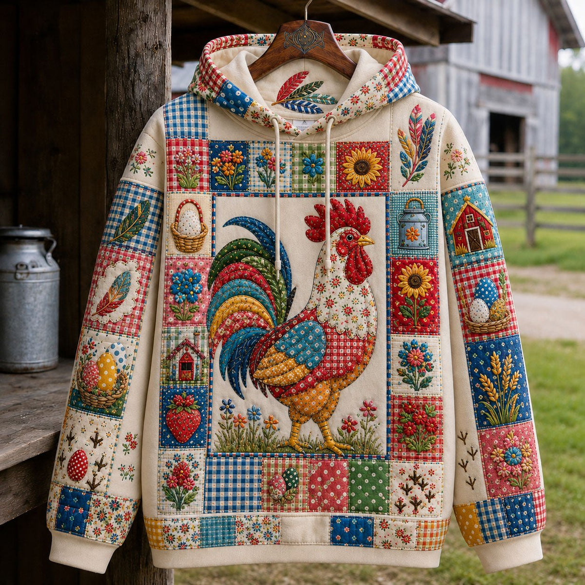Patchwork Rooster Farm hoodie, all-over print