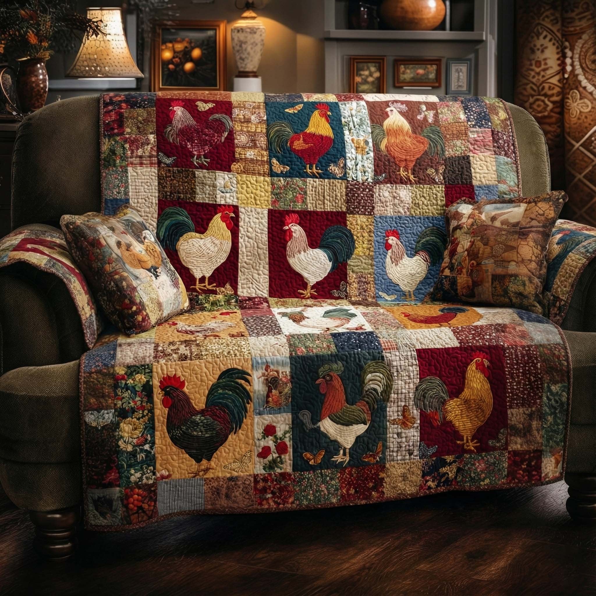 Patchwork Rooster Hearts Sofa Cover