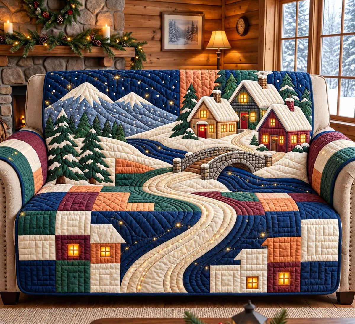 Patchwork Winter Village Sofa Cover
