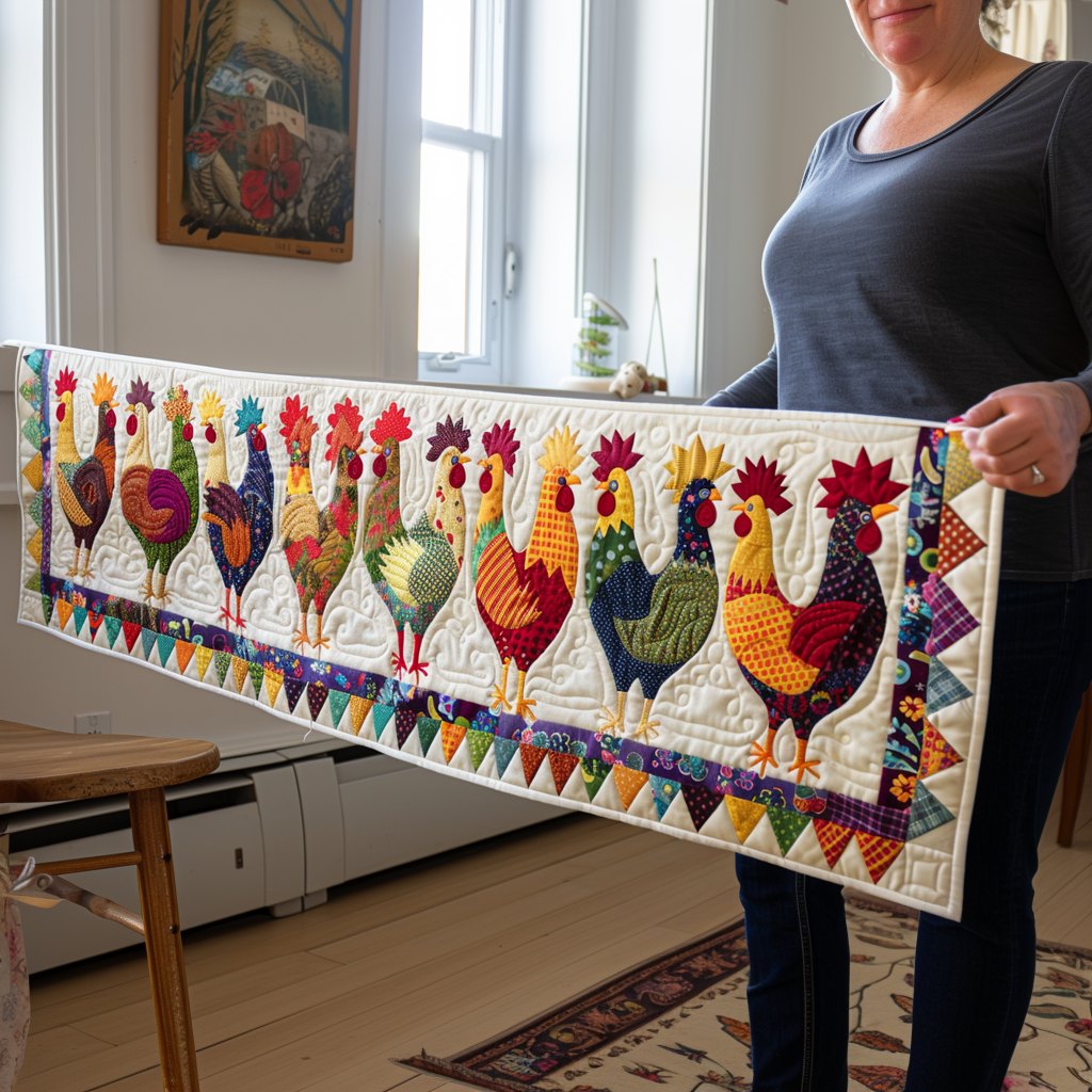 Row of Folk Roosters on Cream Table Runner
