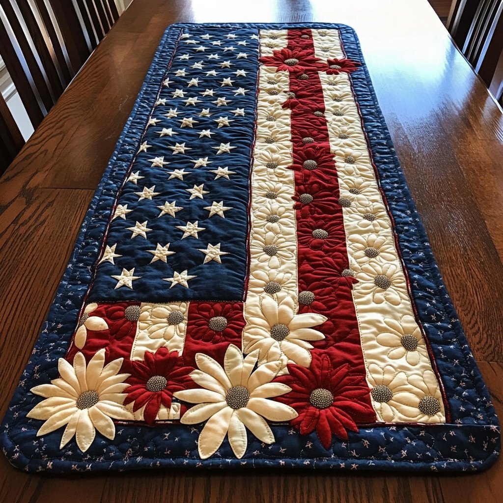 American Flag with White Daisies Table Runner