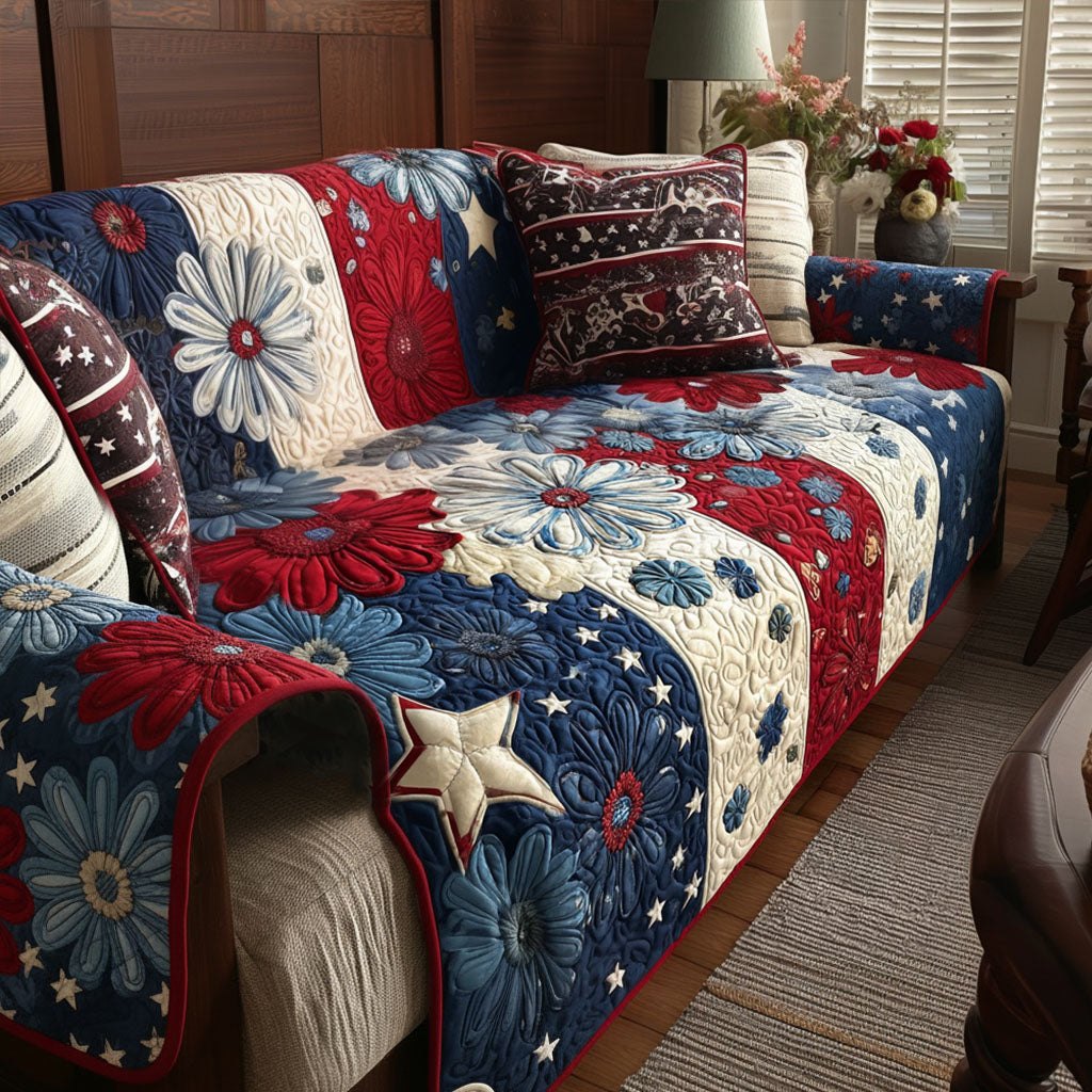 Flowers on Red White and Blue Sofa Cover