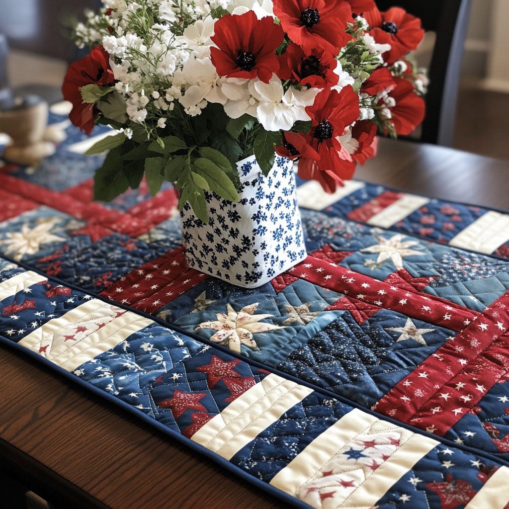 Patriotic Patchwork Squares in Blue Table Runner