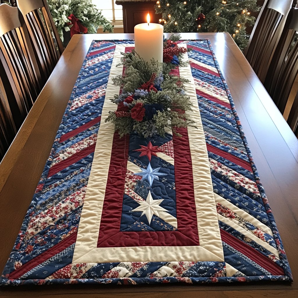Patriotic Stripes with White Star Table Runner