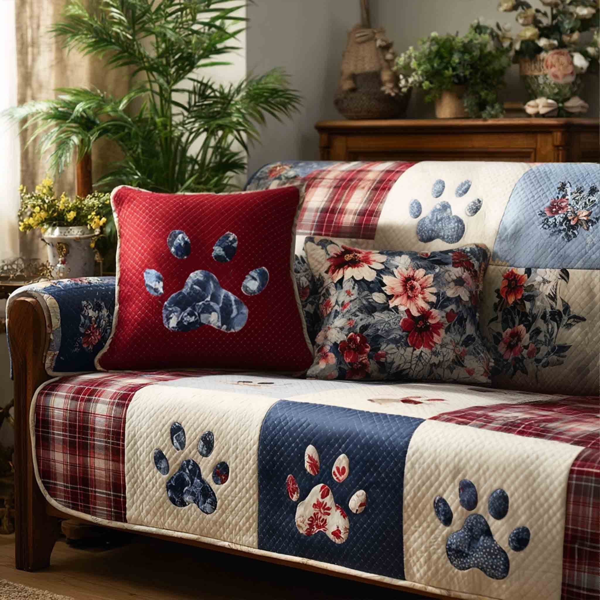 Paw Prints on Red White and Blue Panels Sofa Cover