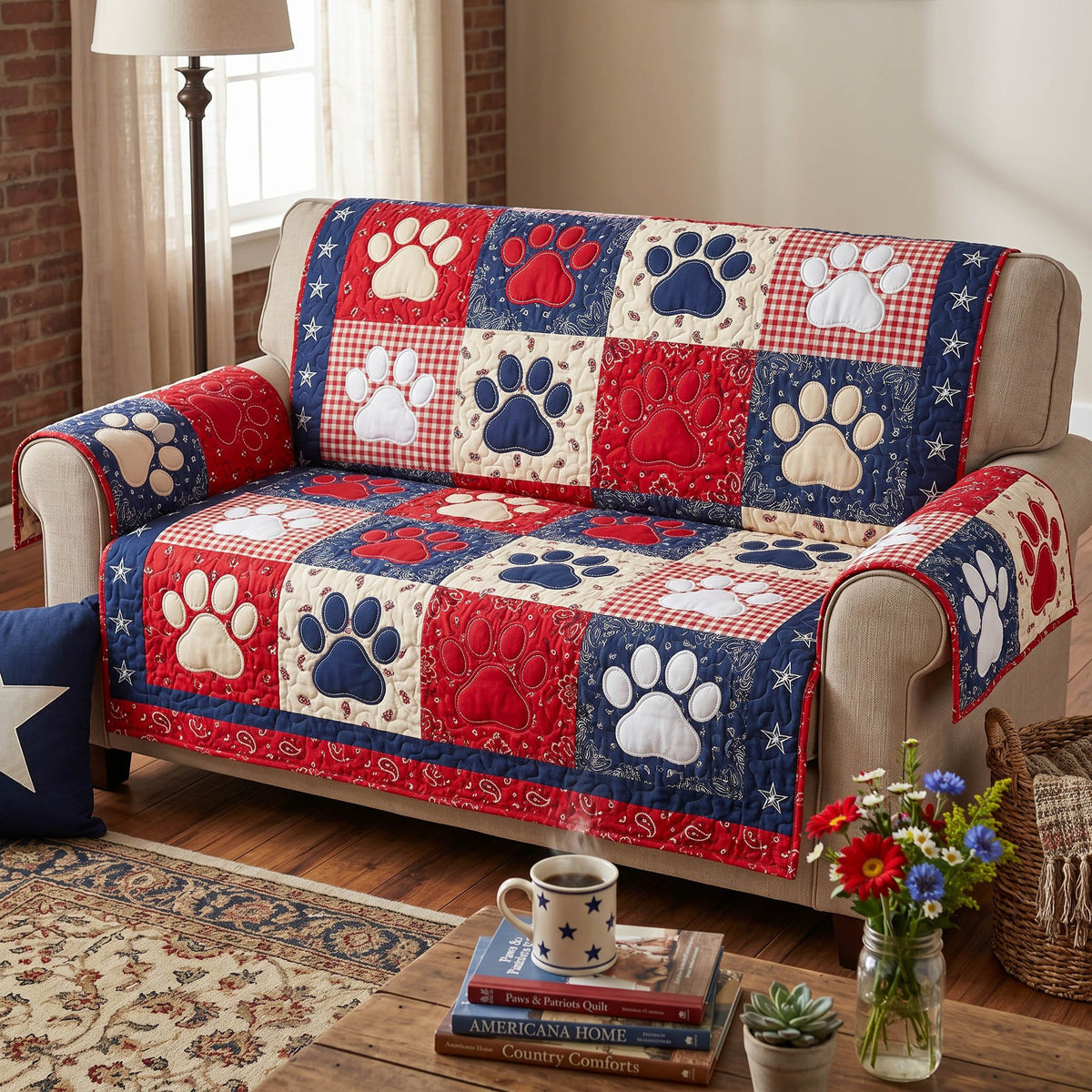 Paw Prints on Bold Patriotic Squares Sofa Cover