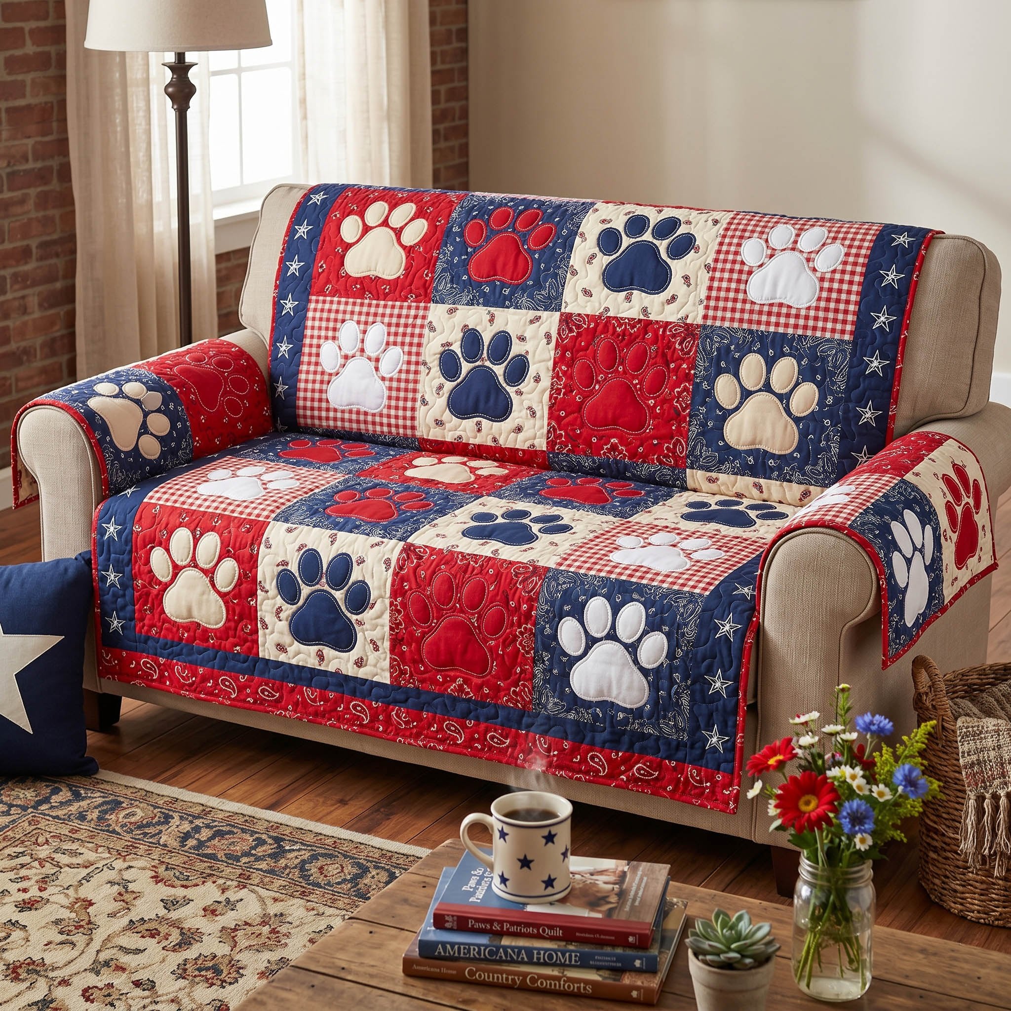 Paw Prints on Bold Patriotic Squares Sofa Cover