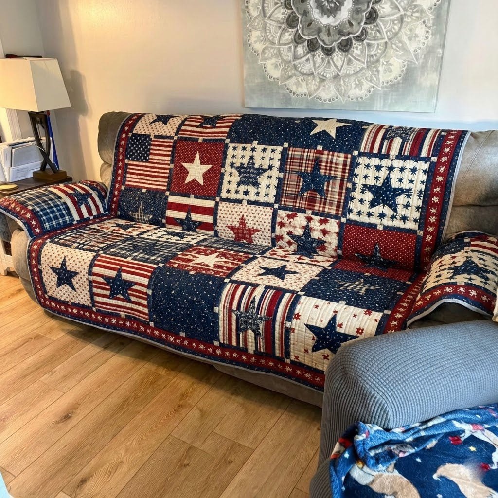Weathered Patriotic Patch Blocks Sofa Cover