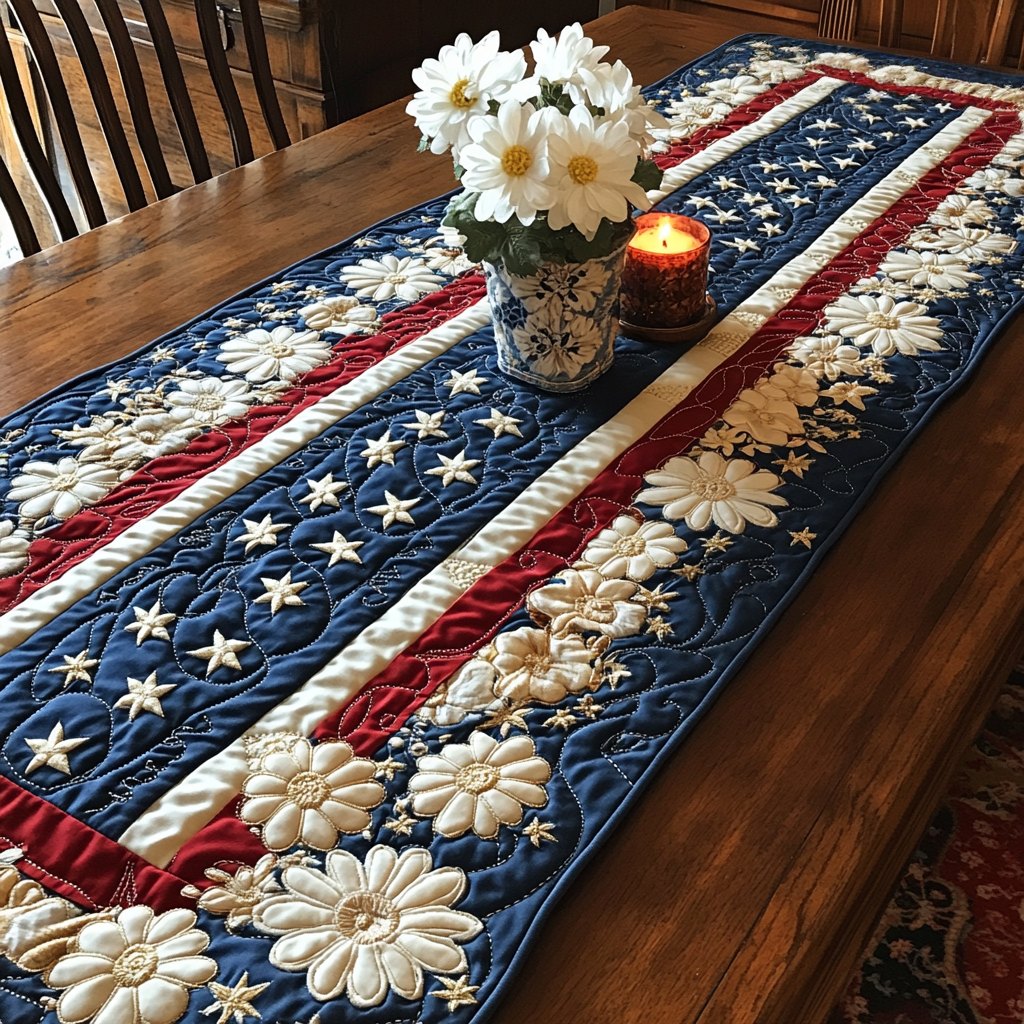 White Daisies on Flag Stripes Table Runner