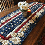 White Daisies on Flag Stripes Table Runner