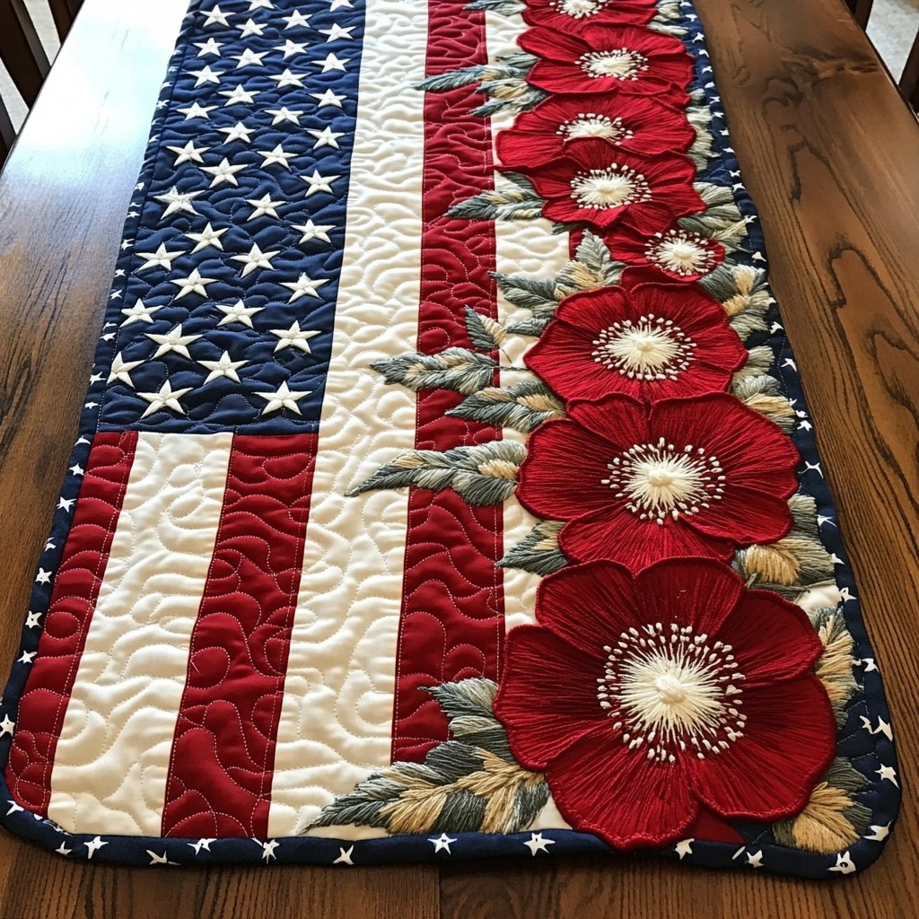 Patriot Pride Red Poppies on the Flag Table Runner
