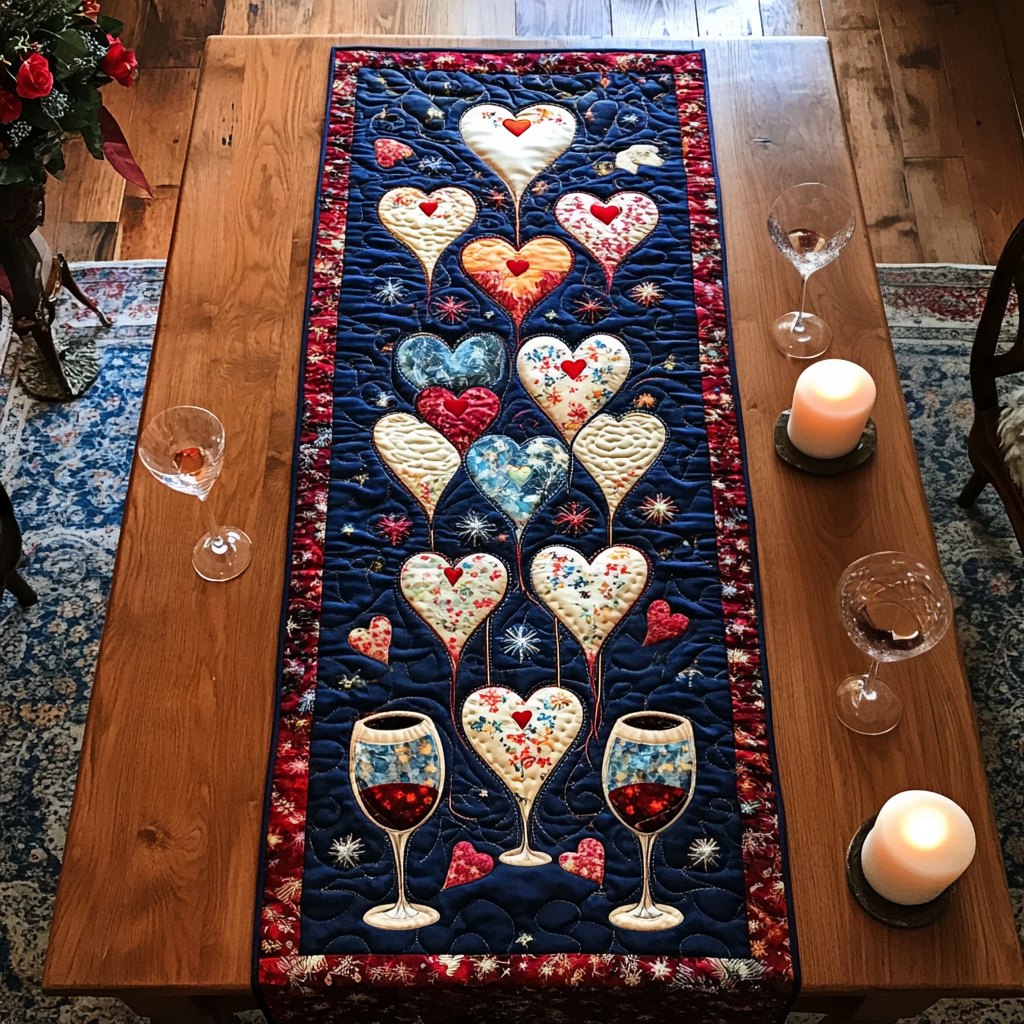 Wine Glasses and Hearts on Navy Table Runner