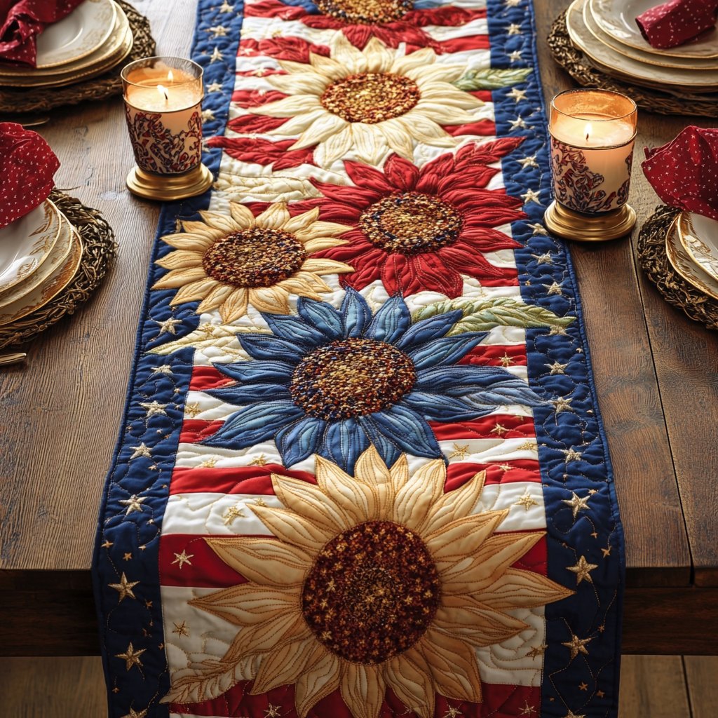 Sunflowers on Flag Stripe Panel Table Runner