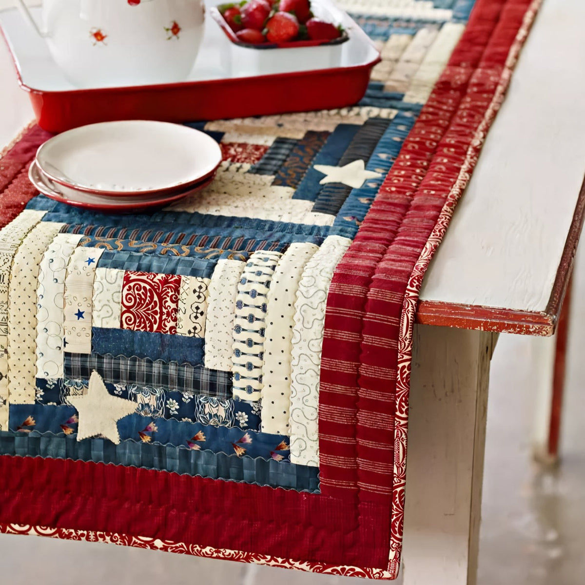 Log Cabin Blocks in Red and Blue Table Runner