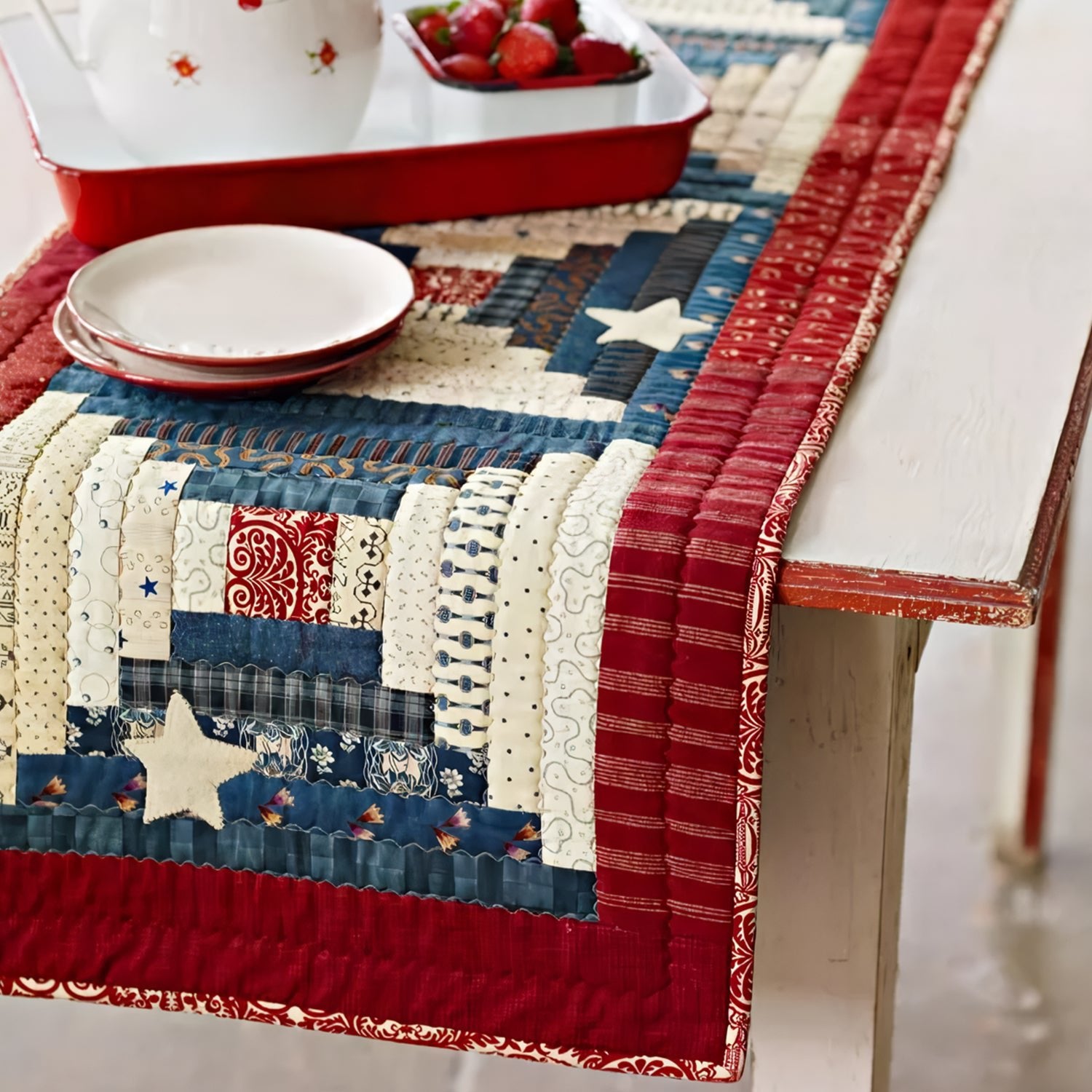 Log Cabin Blocks in Red and Blue Table Runner