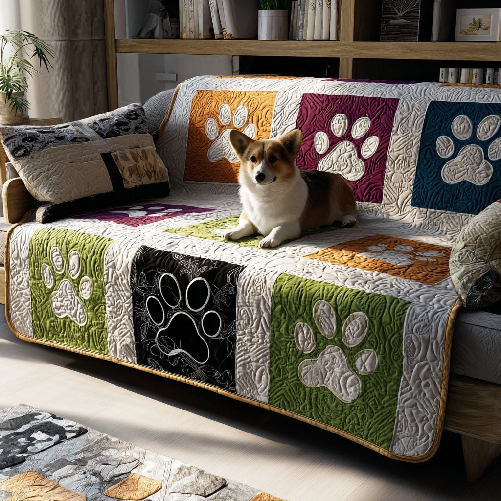 Paw Prints on Black and Green Squares Sofa Cover