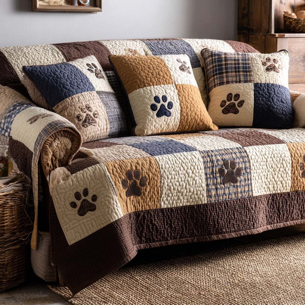 Paw Prints on Brown and Cream Sofa Cover