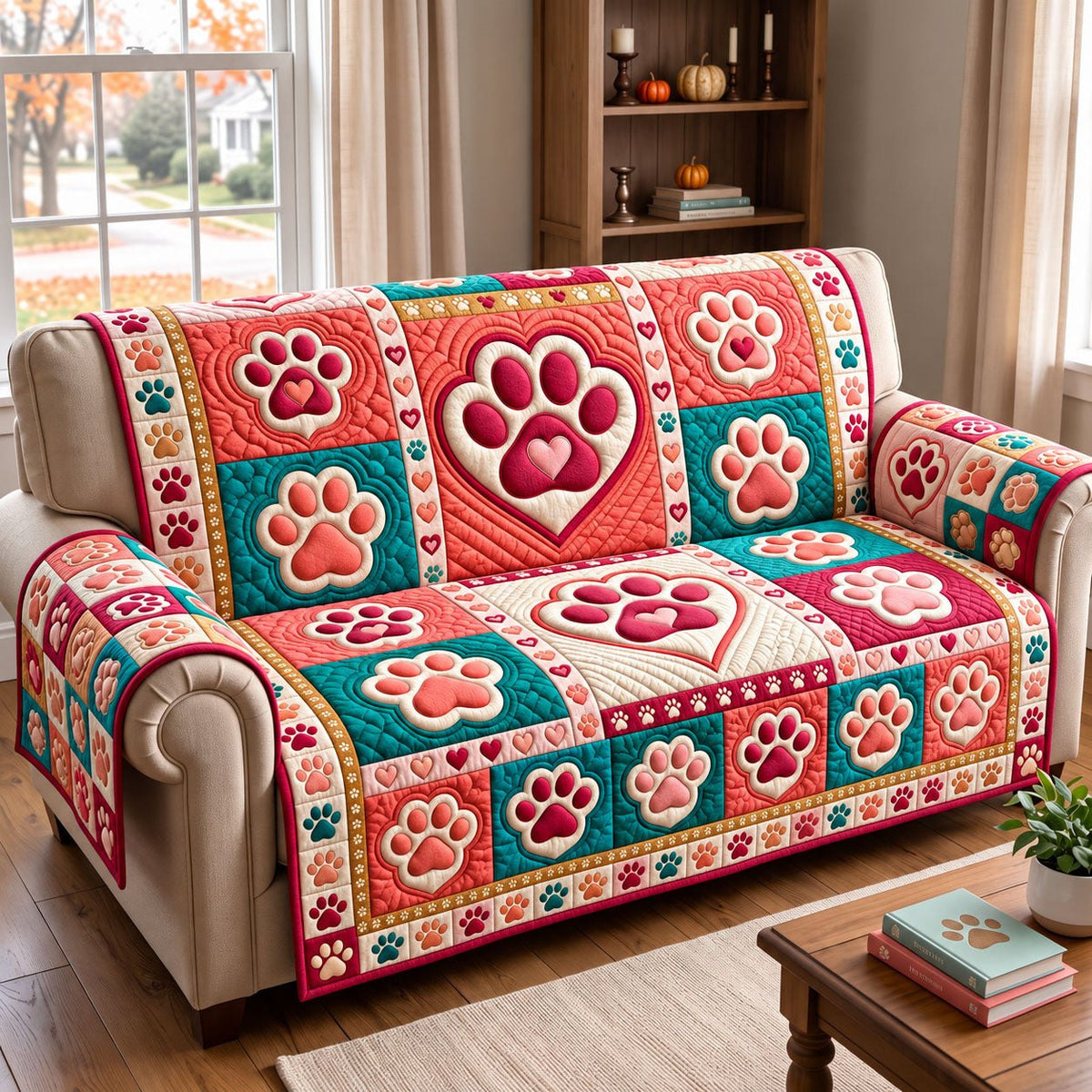 Heart Paw Coral Sofa Cover