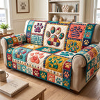 Teal Heart Paw Blocks Sofa Cover
