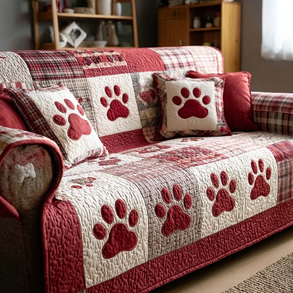 Paw Prints on Red and Cream Quilt Sofa Cover