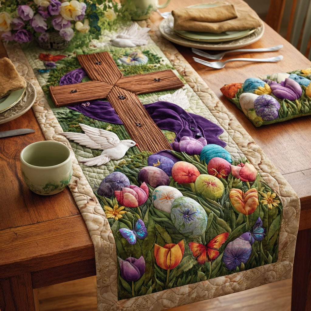 Cross with Easter Eggs and Tulips Table Runner