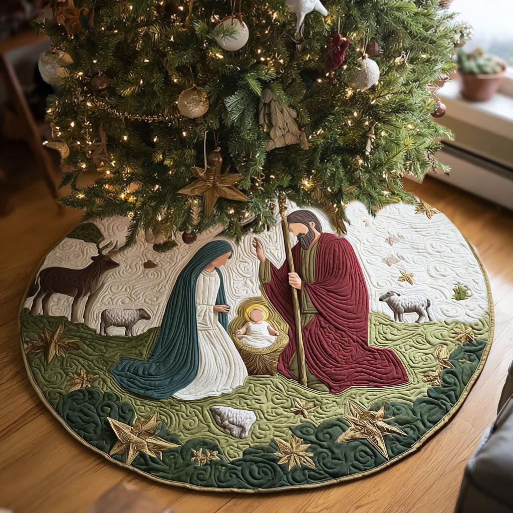 Nativity with the Flock on Green Christmas Tree Skirt