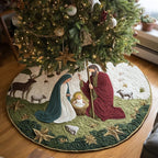Nativity with the Flock on Green Christmas Tree Skirt