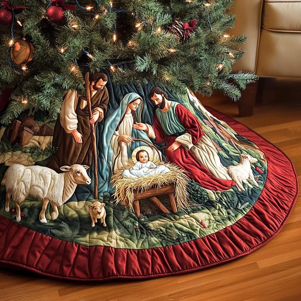 Nativity with Sheep on the Ruby Hem Christmas Tree Skirt