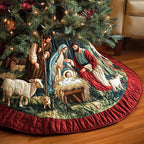 Nativity with Sheep on the Ruby Hem Christmas Tree Skirt