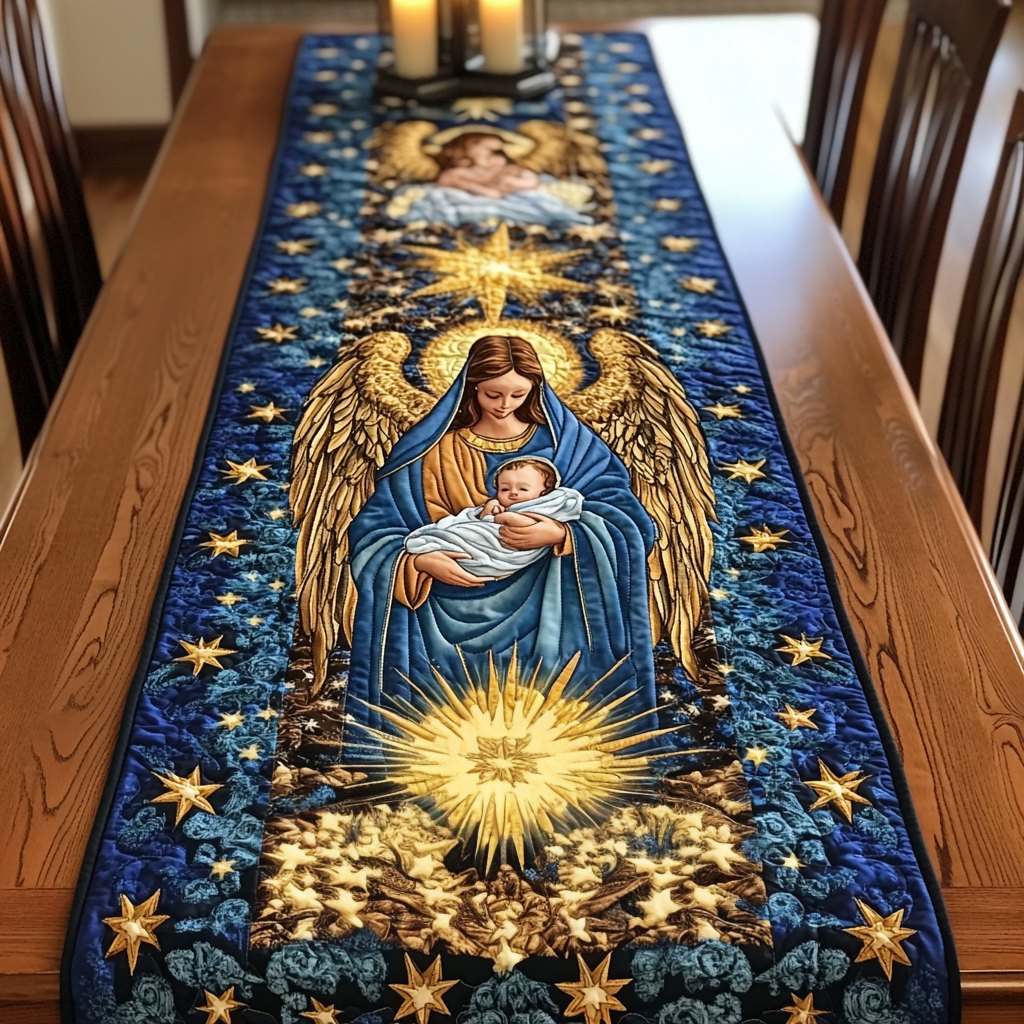 Angel Holding Baby on Starry Navy Table Runner