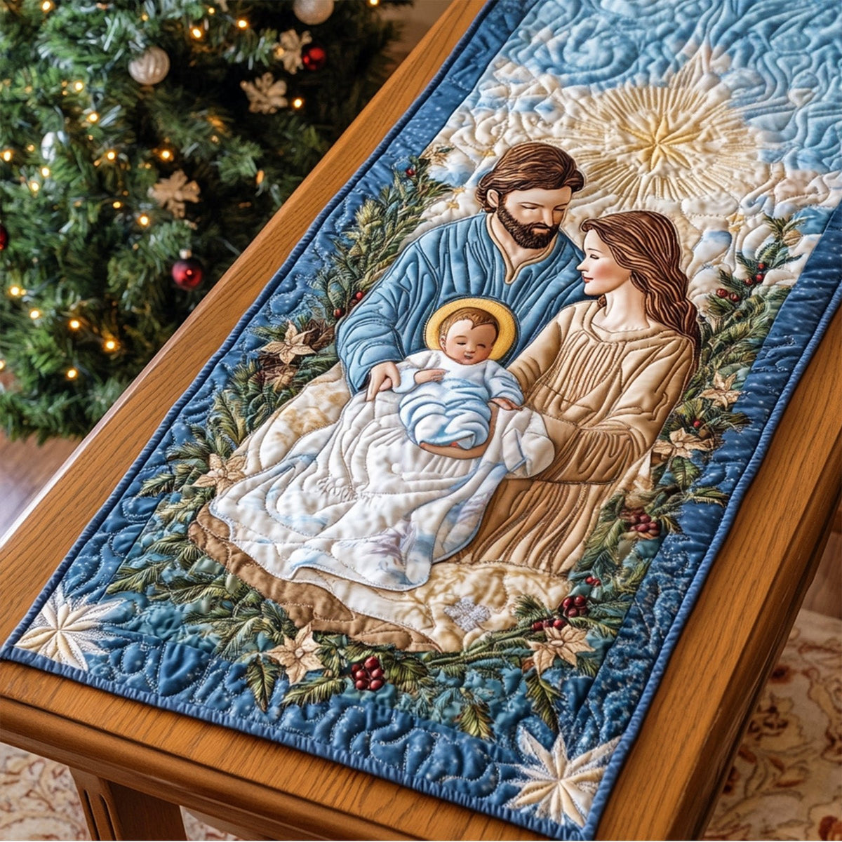 Holy Family in Blue Robes Table Runner