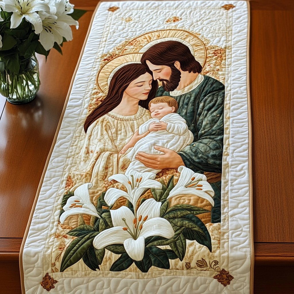 Peaceful Nativity Holy Family with White Lilies Table Runner